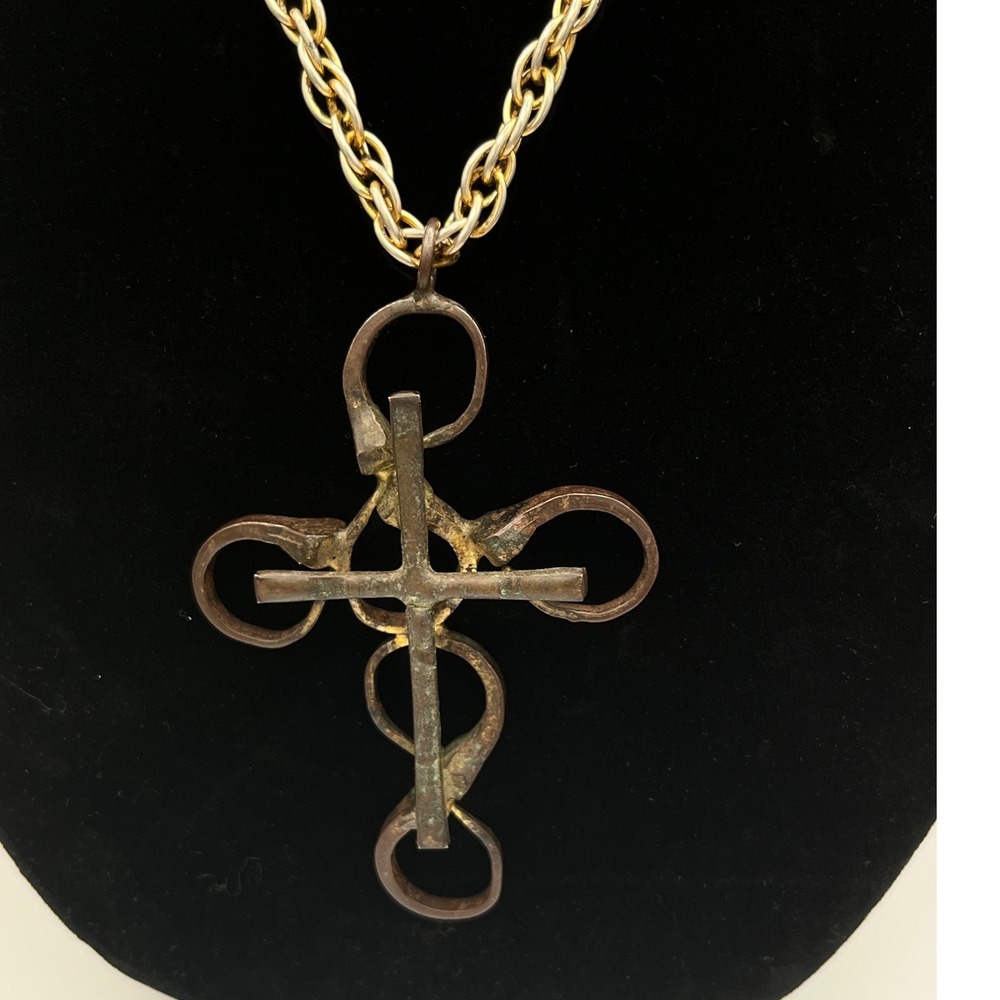 Vintage‎ Brutalist Cross Pendant Antique Cut Nail Hand Forged Folk Art Necklace